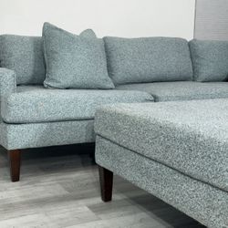 Mid-Century Modern Sectional - Gray Fabric + Ottoman