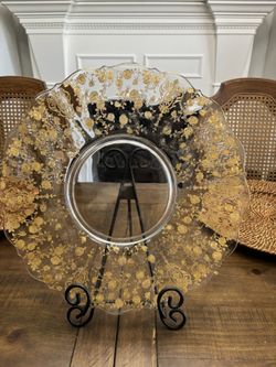 Vintage Cambridge Rose Point Gold Encrusted Glass Platter 