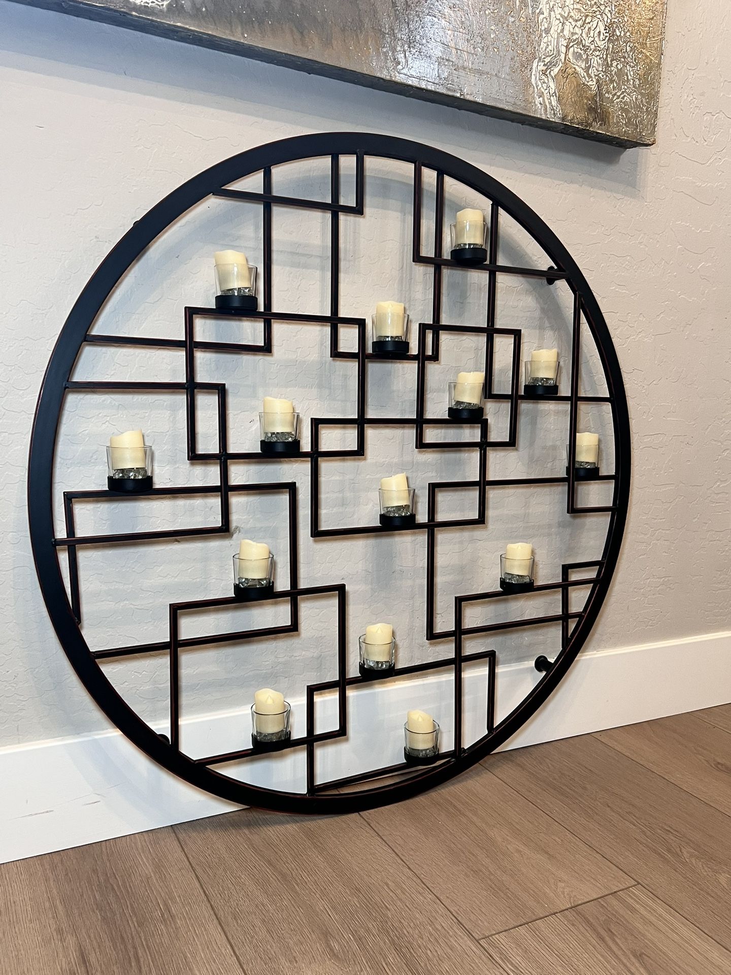 36” Round Modern Heavy Metal 14 LED Tea Light Candle Holder Wall Decor- w/ Remote
