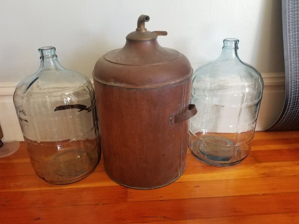 Antique copper pot still/boiler and 2 5gal glass carboys