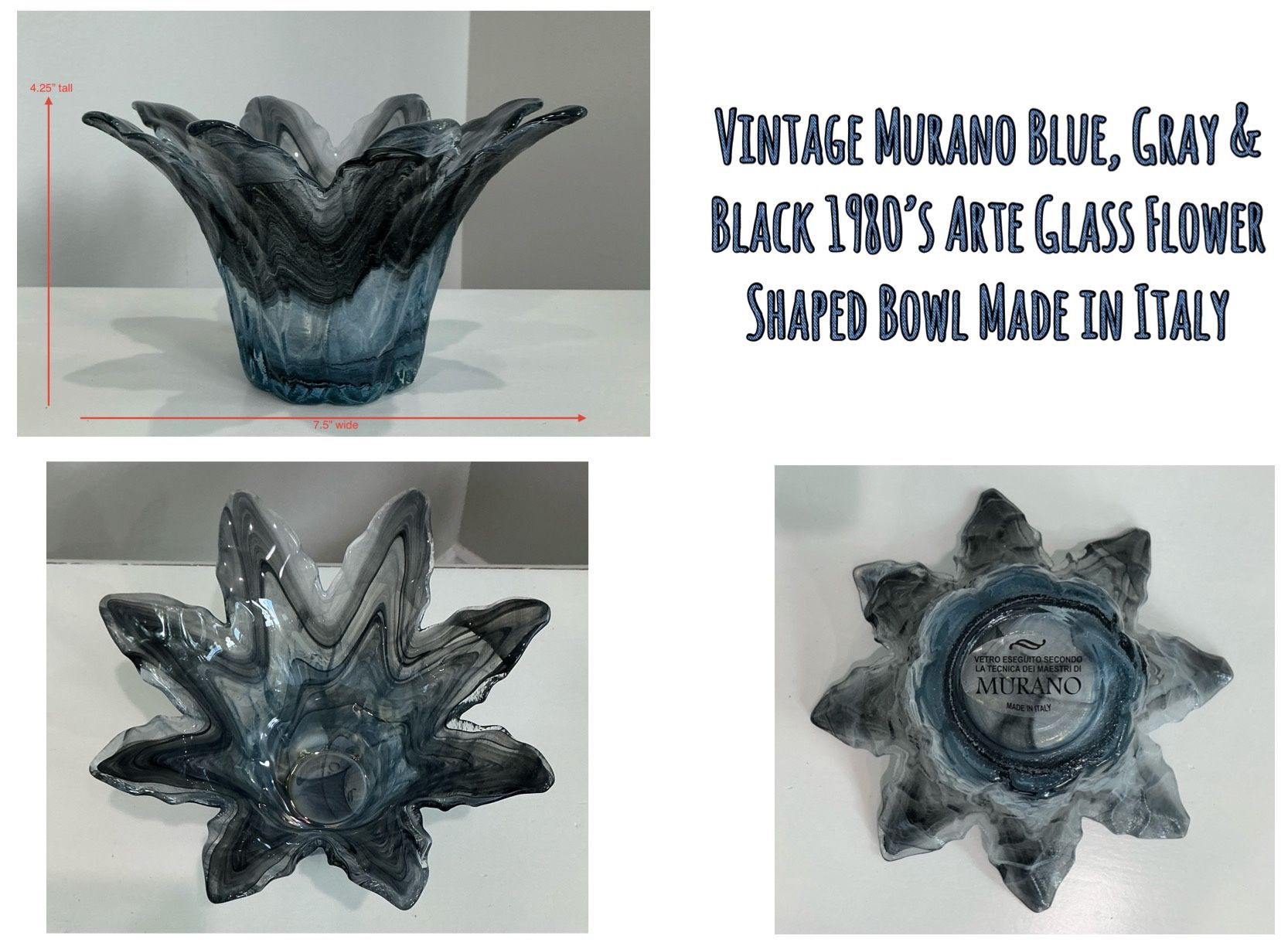 Vintage Murano Blue, Gray & Black 1980’s Arte Glass Flower Shaped Bowl Made in Italy