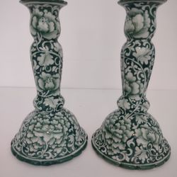 Hand Painted Emerald Green Leafy Design Candle Holders