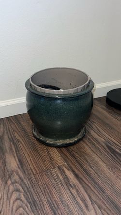 Dark Teal Glazed Ceramic Planter with Saucer