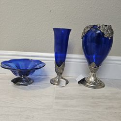 Blue Glass Goblet Vase 3pc