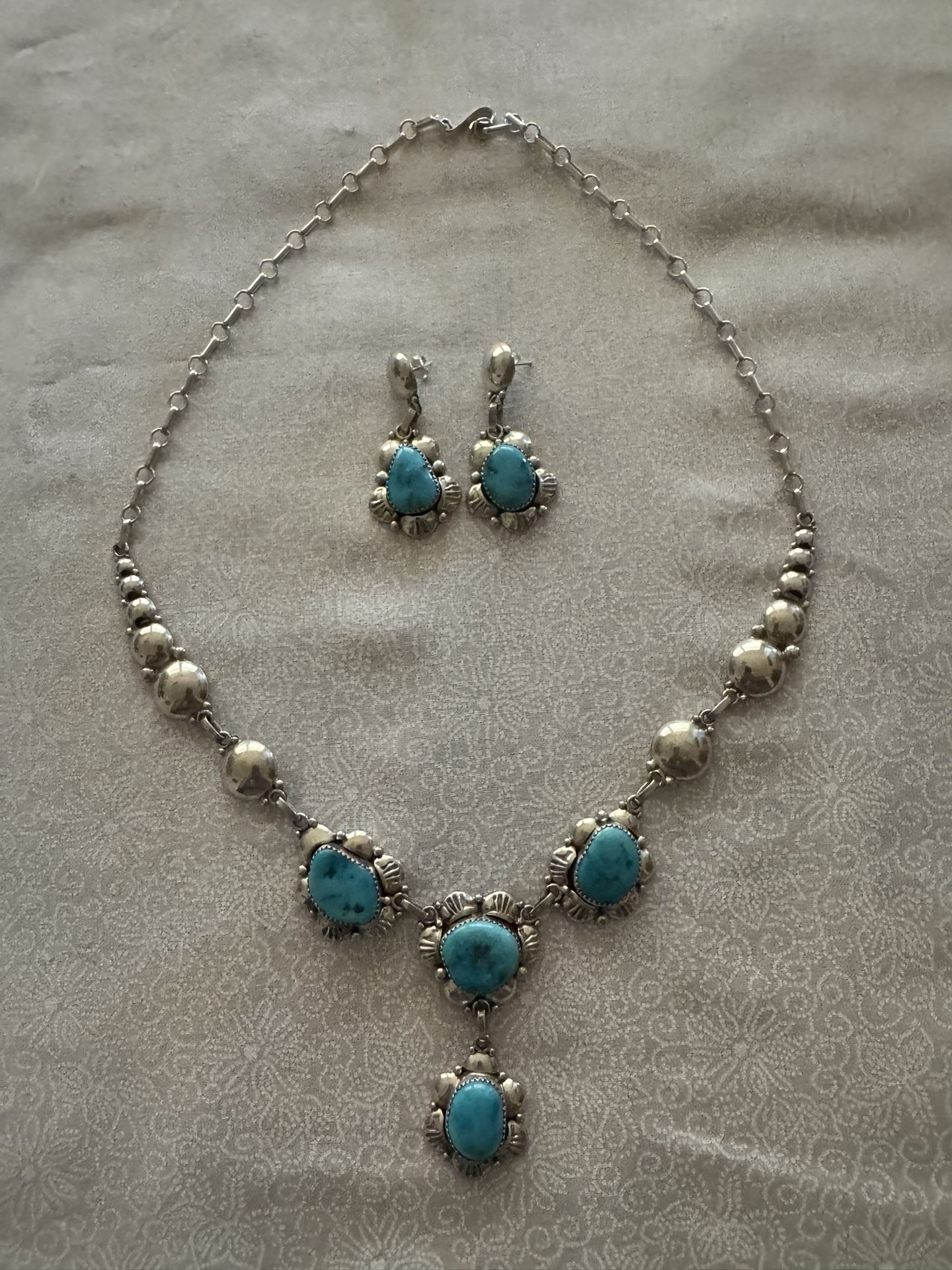 Sterling Silver & Navajo Turquoise Necklace & Earring Set $335