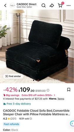 BLACK CAODOC Foldable Cloud Sofa Bed, Convertible Sleeper Chair with Pillow Foldable Mattress