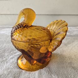 Vintage L E Smith Amber Glass Turkey Covered Candy Dish 