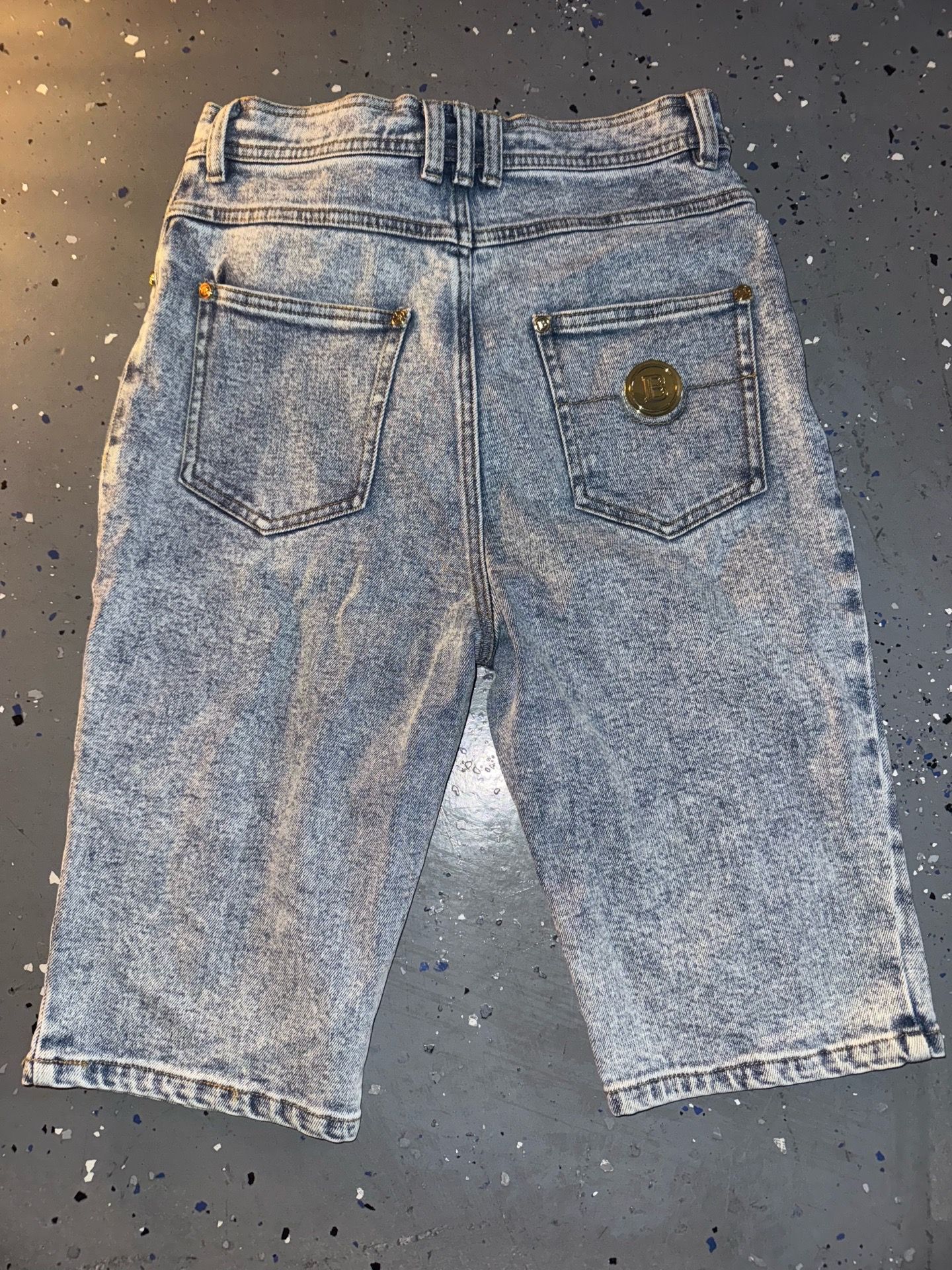 Balmain Shorts Denim Biker High Rise Size 38 Acid Wash Bleu Jean B Coin Button