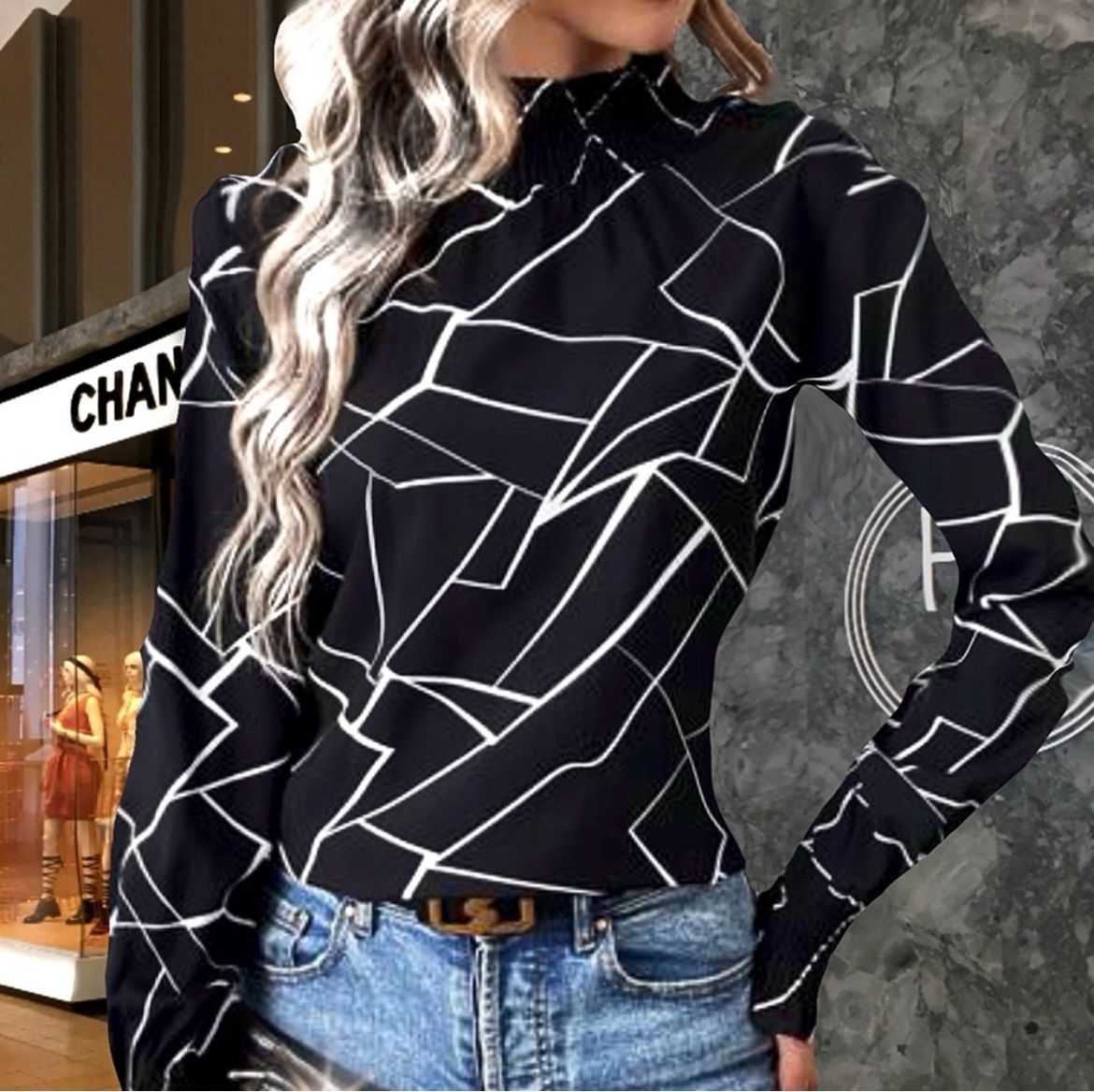 NWT, Lavishly Paris Women's Geo Print Long sleeved blouse