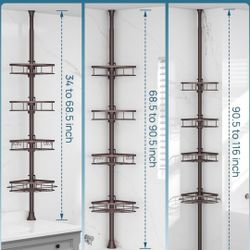 4 Metal Baskets Corner Shower Caddy, Tension Stainless Steel Pole Organizer 2.8 - 9.6 Ft, Bronze