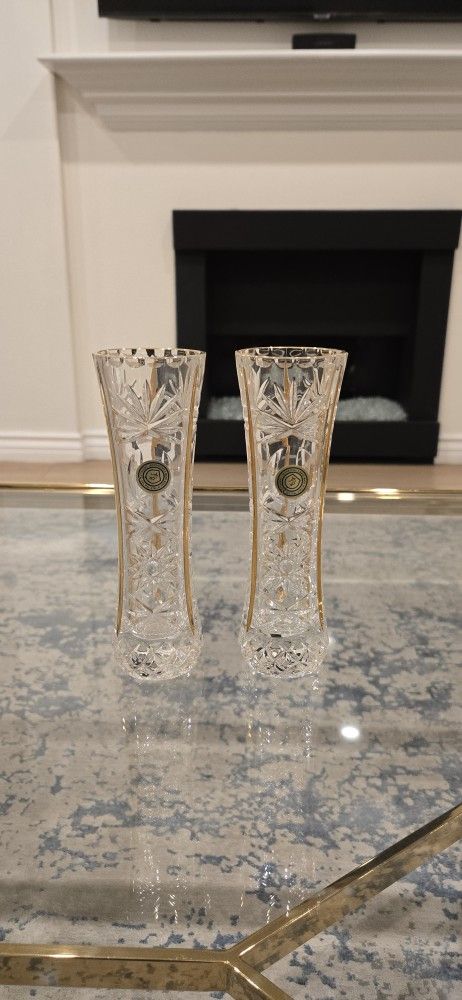 Two Brand New Hand Cut Crystal Vases with Intricate Gold Design. Made In Italy.