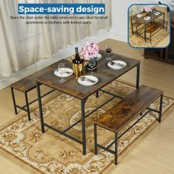 Homy Casa LOMANER 3PC Vintage Storage Dining Set 43.3" Table with 2 Benches for Kitchen & Dining Open Box