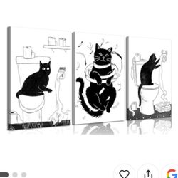 New In Box Funny Bathroom Black Cat Signs Canvas Pictures Prints Set 