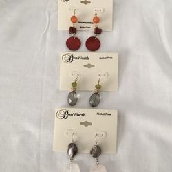 3 New NWT Pairs Bon Worth Silver & Gold Earrings Nickel Free Fashion Costume Jewelry