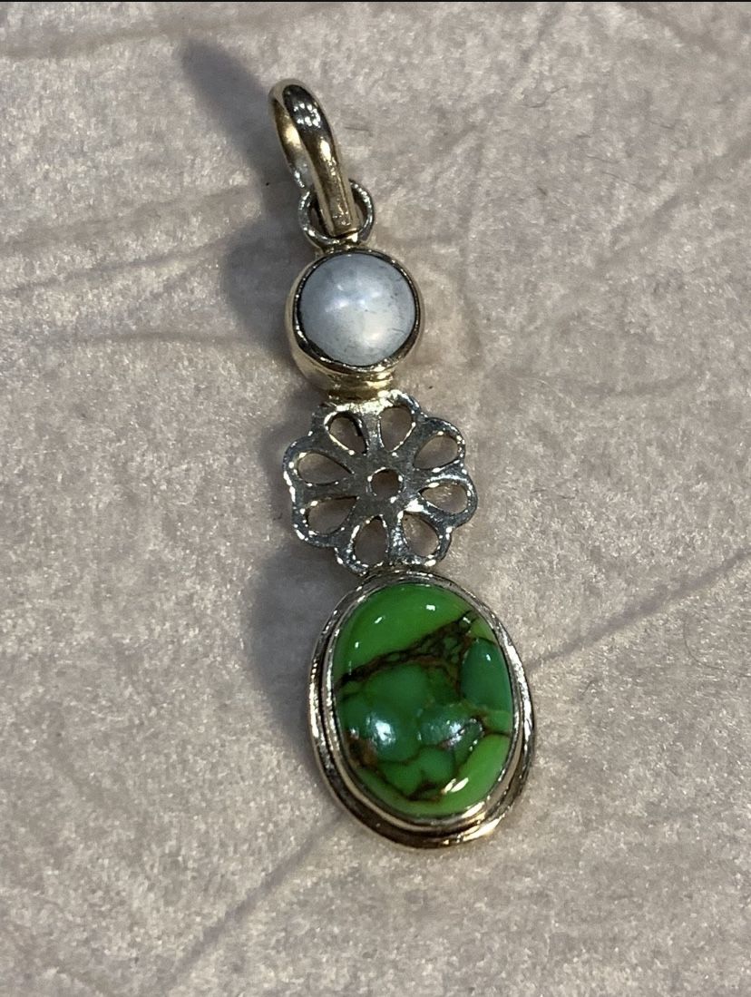 Green Tourquise Pendant. Silver. With Small Pearl. Matching Earrings On My Page 