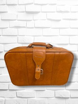 Vintage 1970s World Traveler Caramel Brown Faux Leather Carry-On Suitcase - Retro Luggage