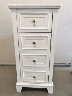 Pair of Tall White Marble-Top Accent Cabinets / Side Tables