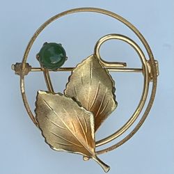 Circle Flower Jade Cabochon Stone Prong Set Golden Leaves Leaf Pin Brooch