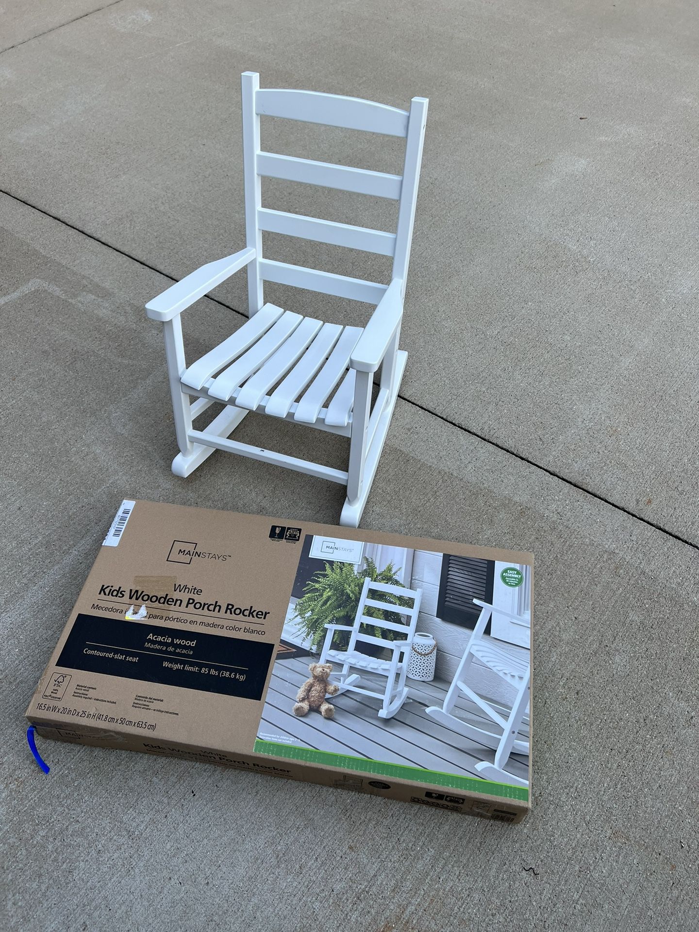 New Mainstays Kids Outdoor Wood Porch Rocker, White Color, Weather Resistant Finish