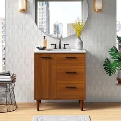 Mid Century Modern Teak Vanity(Laminate)/ Bathroom Vanity MCM 30” New Condition. 