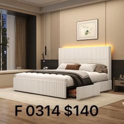 Full Size Corduroy Upholstered Bed Frame with 4 Drawers & LED Light，Wingback Bed Frame (0314)