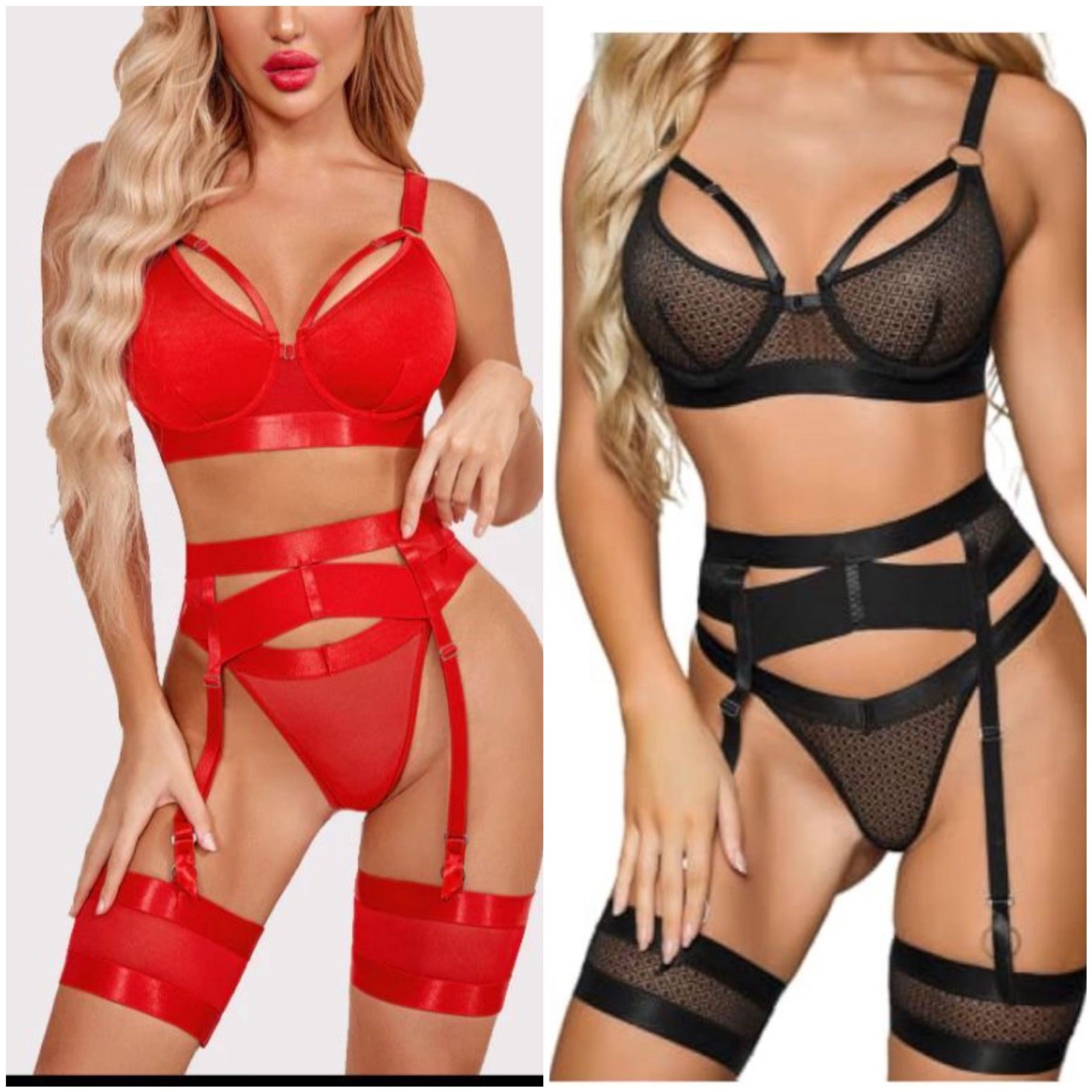 Garter Belt Thong Lingerie For Women, Strappy Hollow Out Sexy Lingerie, Underwire Mesh Sheer Matching 4 Piece Lingerie Set Boudoir Black Fishnet