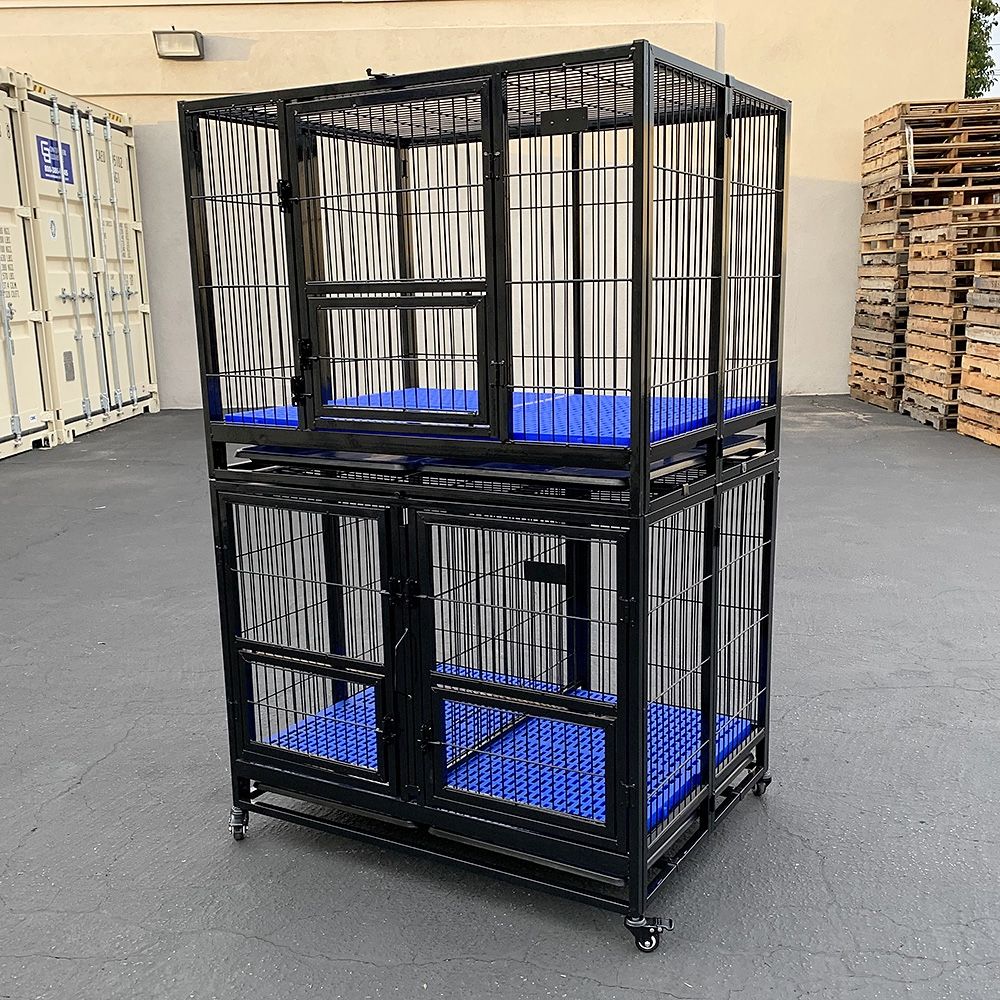 New in box $370 Stacking Dog Cage (Set of 2) Heavy Duty 41x31x65” Crate Kennel w/ Plastic Tray Wheels