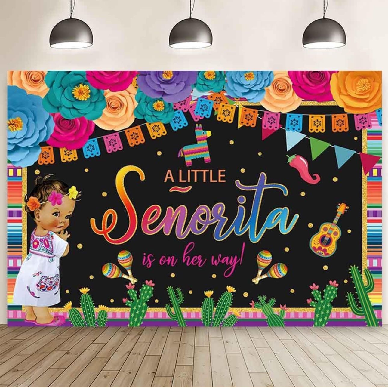 10x7ft Black Mexican Fiesta Baby Shower Backdrop A Little Senorita Is On Her Way.