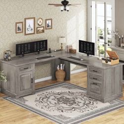 69 Inch Executive L Shaped Desk with Drawers and Storage Cabinet