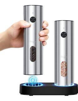 Rechargeable Electric Salt & Pepper Grinder Set with Charging Base – Stainless Steel