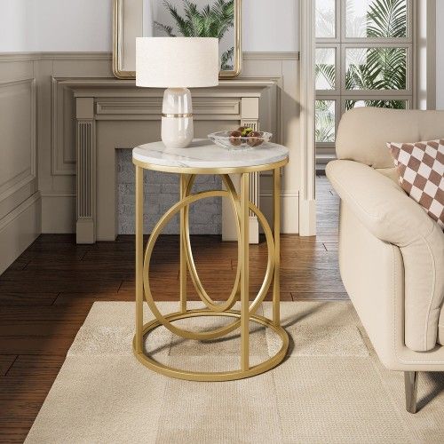 Round End Table Faux Marble Top