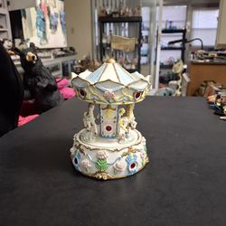 Vintage Revolving Musical Birthstone Carousel Adorned With January Garnet, Plays " It's A Small World" Works Great
