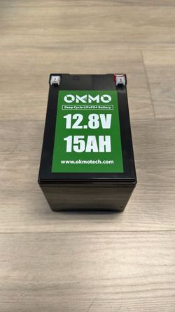 OKMO 12.8V 15Ah Lithium LiFePO4 Battery, 192Wh Built-in BMS Deep Cycle Battery, 4000+ Deep Cycles Rechargeable Power for Solar, Kayak, Fish Finder, RV
