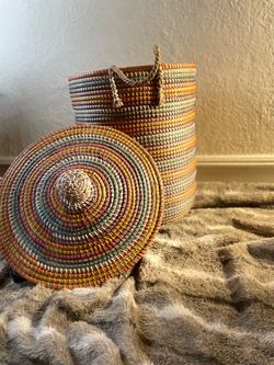 Large Colorful Senegalese Woven Laundry Hamper w/ Lid & Rope Handles