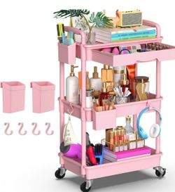 Pink 3-Tier Rolling Storage Cart