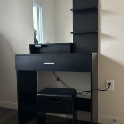 Black Vanity Desk with Mirror, Lights & Built-in Outlets + Stool 