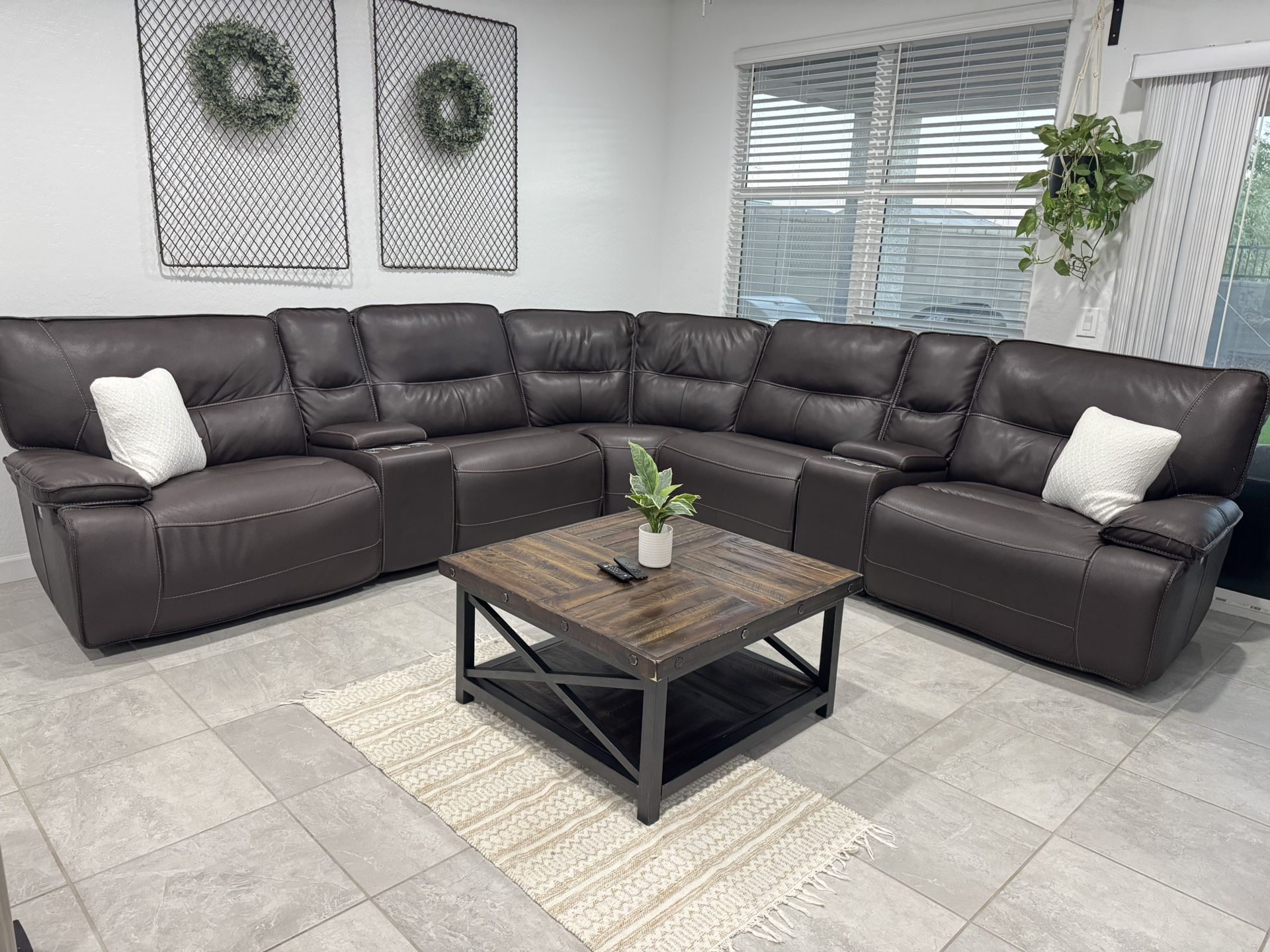 Living Spaces Brown Leather Power Reclining Sectional Couch