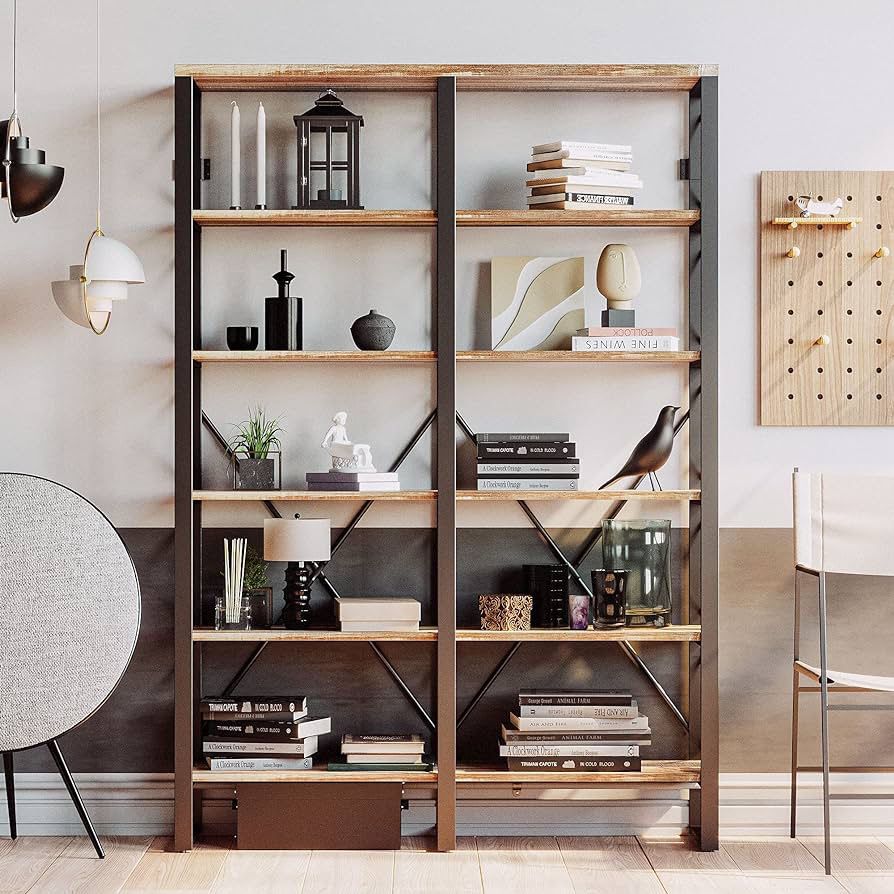 Bookshelves Double Wide 6-Tier 76" H, Open Large Bookcase, Industrial Style Shelves for Home Office