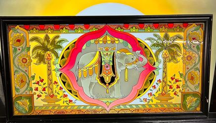 Raj Elephant Suncatcher  between 2 palms by Joan Baker