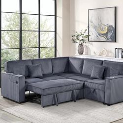 Brand New Grey Corduroy Sectional Sofa Storage Sleeper 