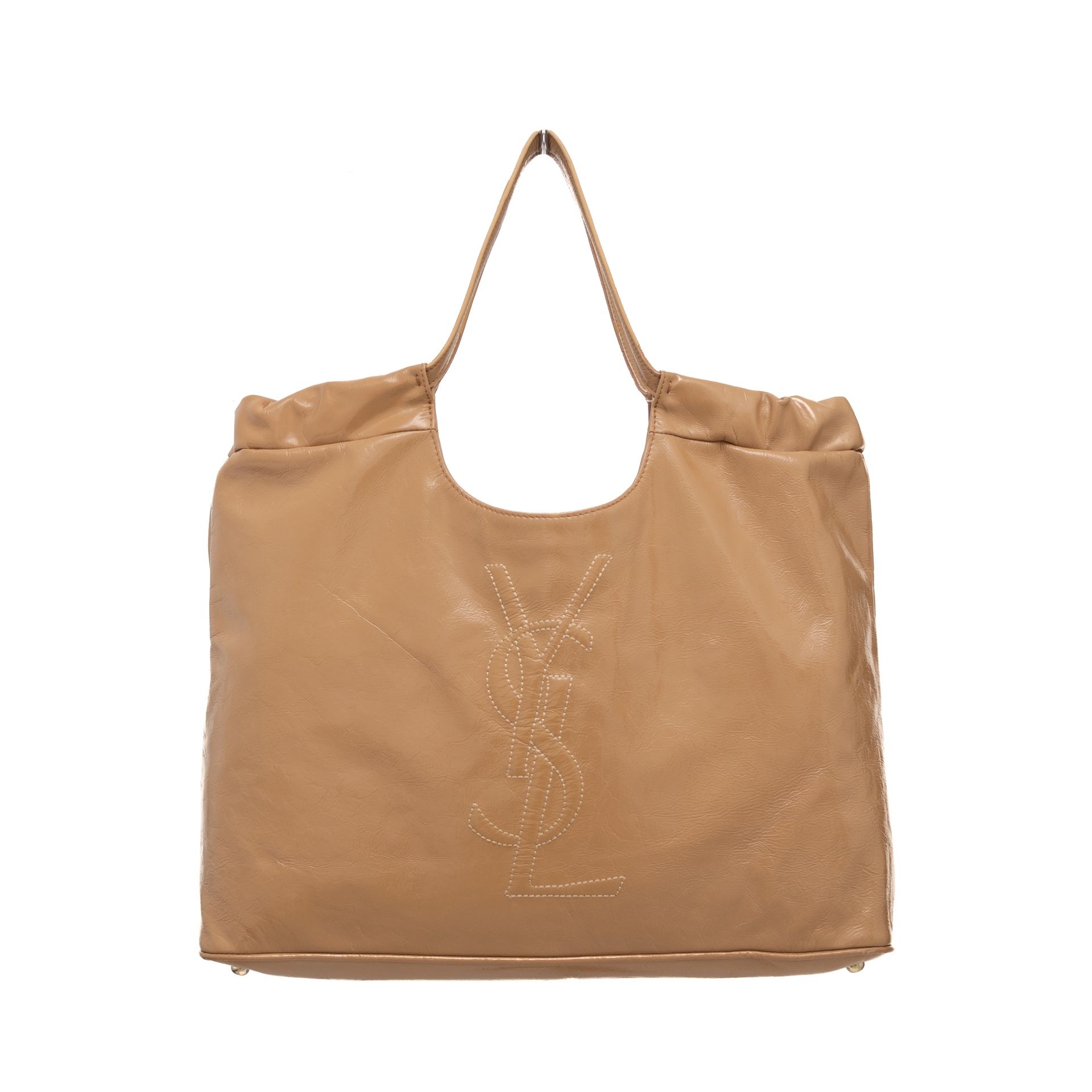 Saint Laurent Belle De Jour Cabas Tote Patent Leather Large YSL Logo Bag Tan