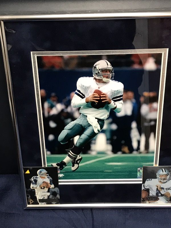 HOF Troy Aikmen QB 11x14 Framed in Navy n Silver Double Matted w 2 Football Cards in Aluminum Frame