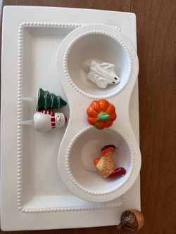White Ceramic Serving Tray with Holiday Figurines