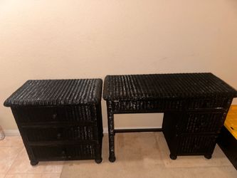 2 pc- black whicker Desk and Nightstand