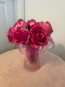 Faux Hot Pink Rose Bouquet with Vase