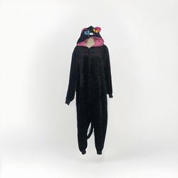 Medium Black Cat Polar Fleece Pajama Pockets Tail Hood Zip Up Sleepwear Costume