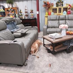 Genuine Top Grain Leather Power Recliners With Power Headrests, Air Massage, Heat, Cupholder, Center Console With Lights, Charging Ports, Storage Arms