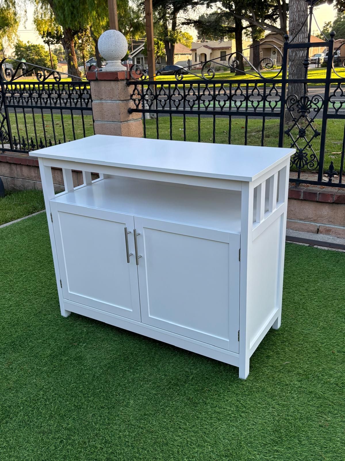 White Bar Cabinet with Wood Shelves for Living Room and Entryway