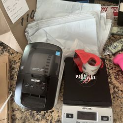 Shipping Scale, Brother QL-700 Label Printer, Tape & Stack Of Poly Bags