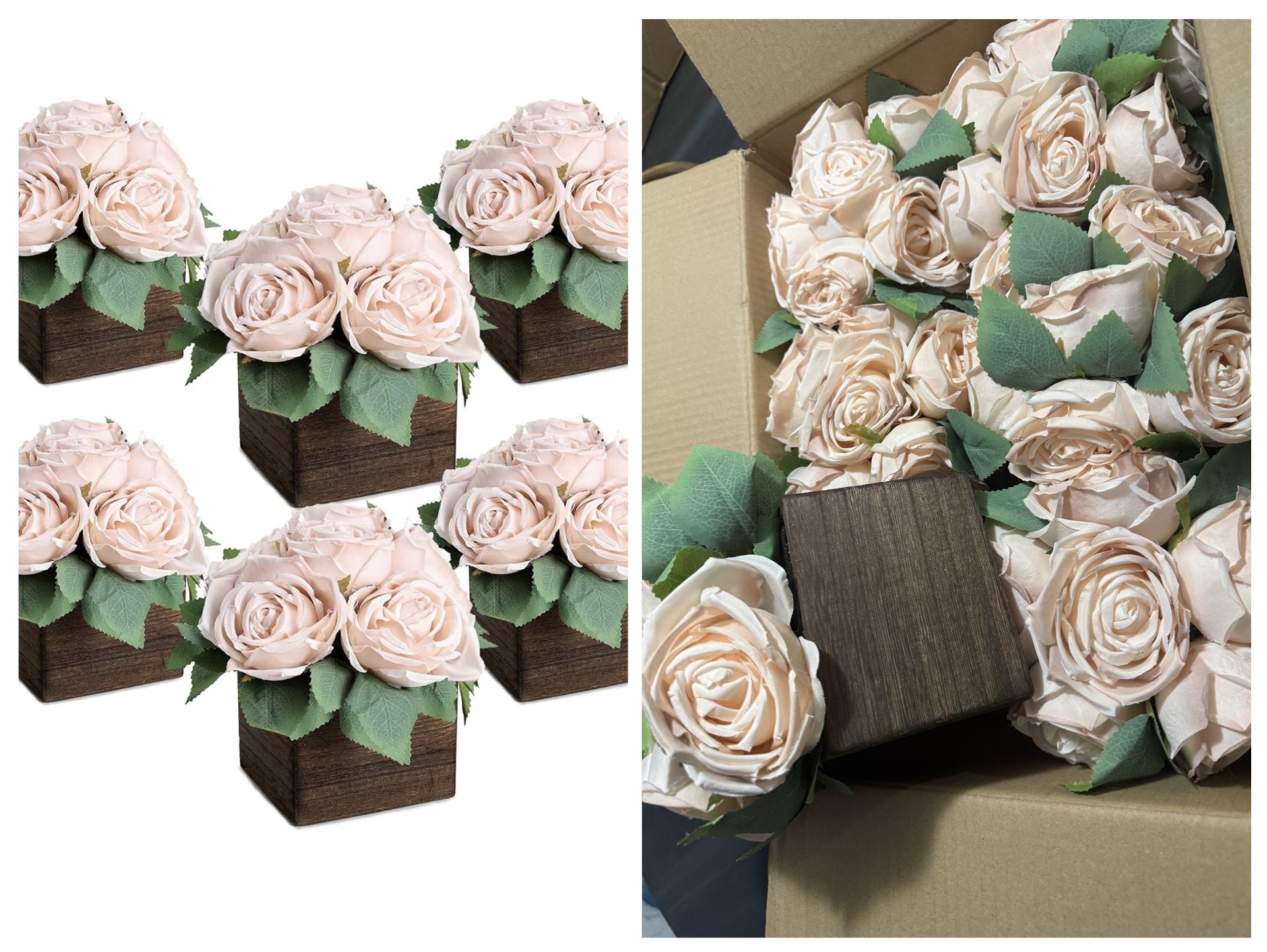 Table Centerpiece Set of 6 - Pre-Made Aritifial Rose with Wooden Vase Fake Floral Arrangment Faux Flower for Wedding Bridal Tea Party Event Decoration